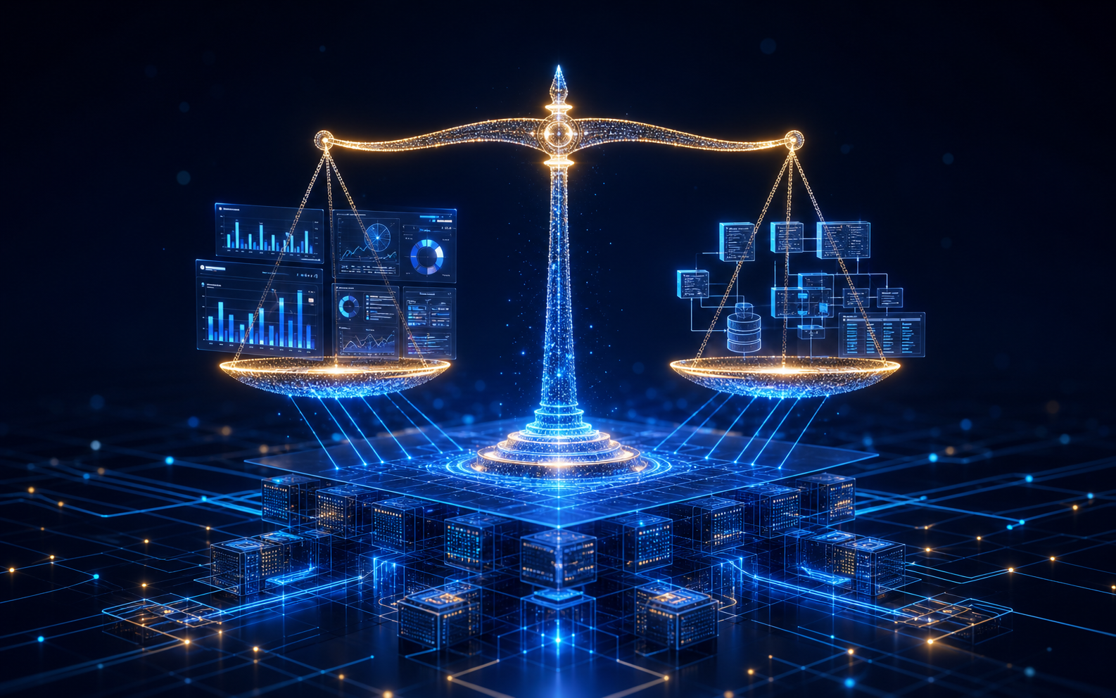 Balanced analytics structure connecting dashboards and decisions