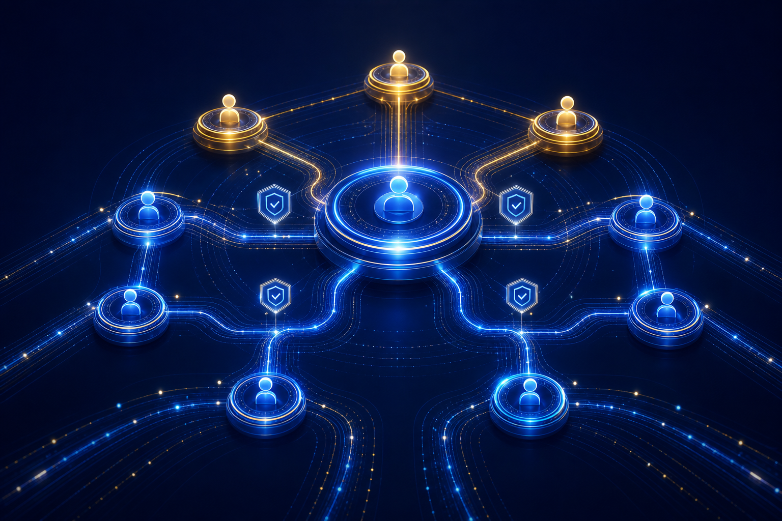 Abstract ownership hub with escalation branches and accountability checkpoints