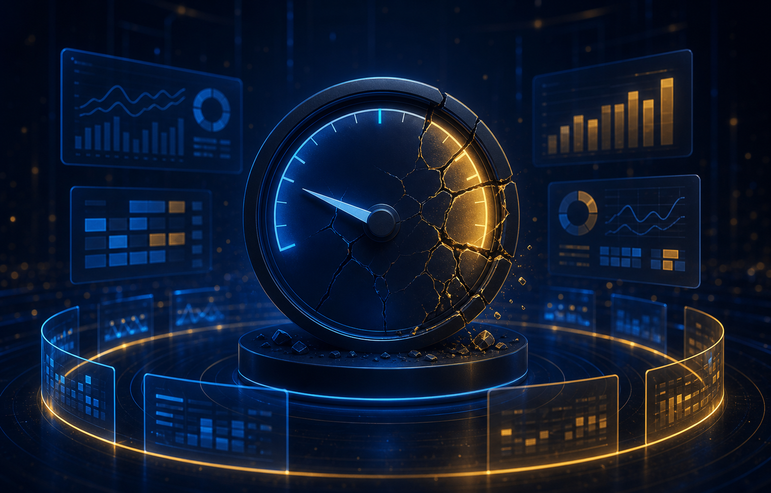Analytics confidence gauge surrounded by dashboards