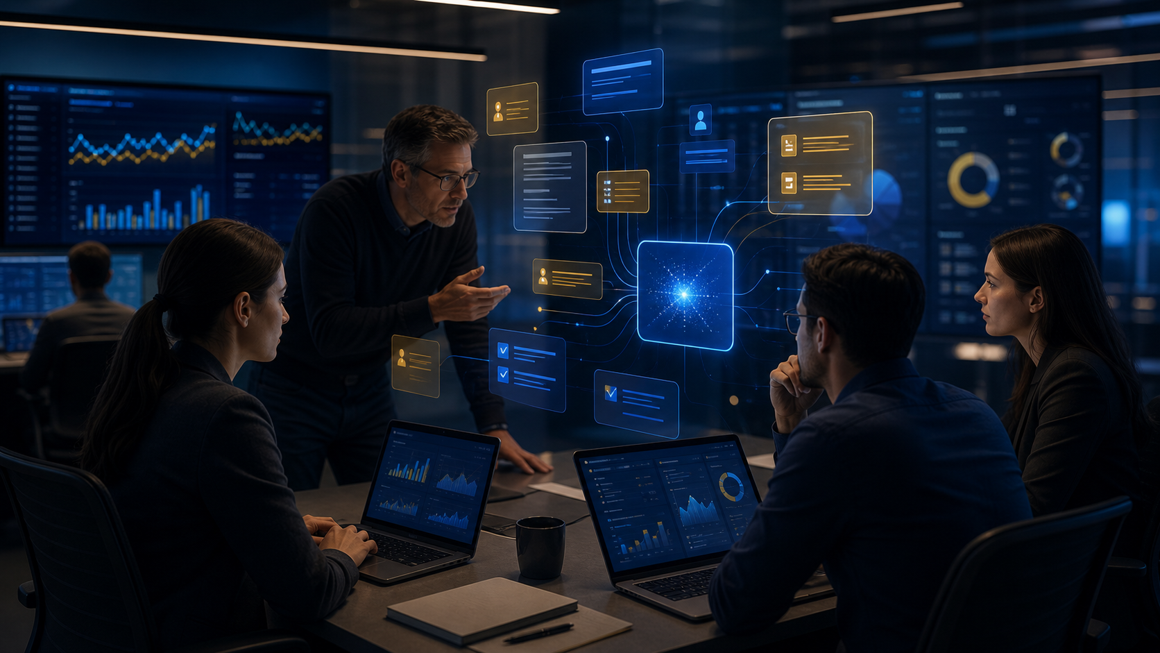 Analytics operations team using AI to summarize risks, documentation, and reporting workflows
